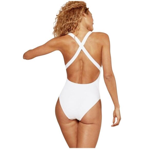Flaws Andie Swim Women's Tulum White Ribbed Swimsuit Large Tall Long Torso 5175 - Picture 2 of 11